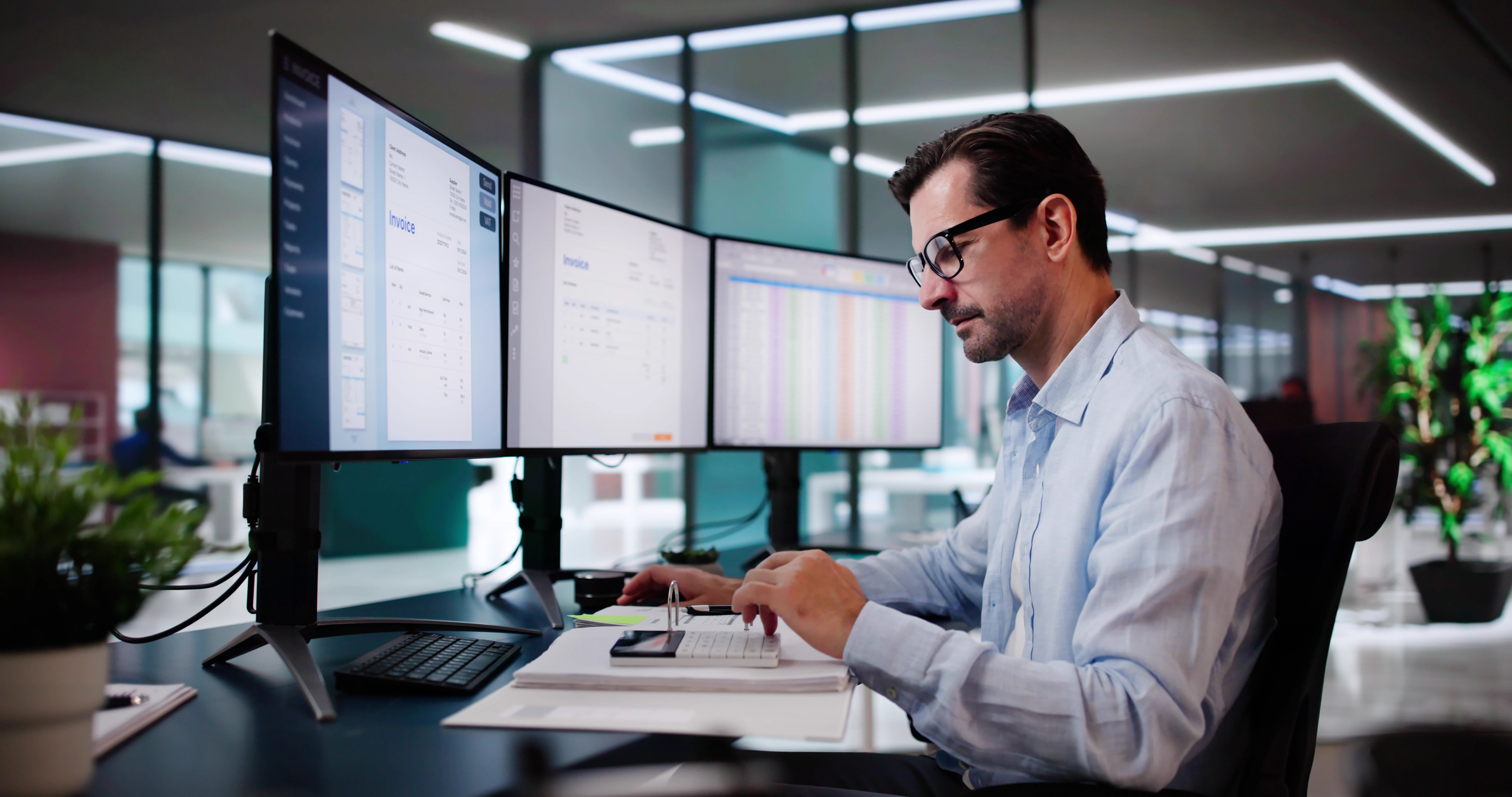 InFocus Financial Advisors analyst reviewing retirement portfolio data across multiple monitors